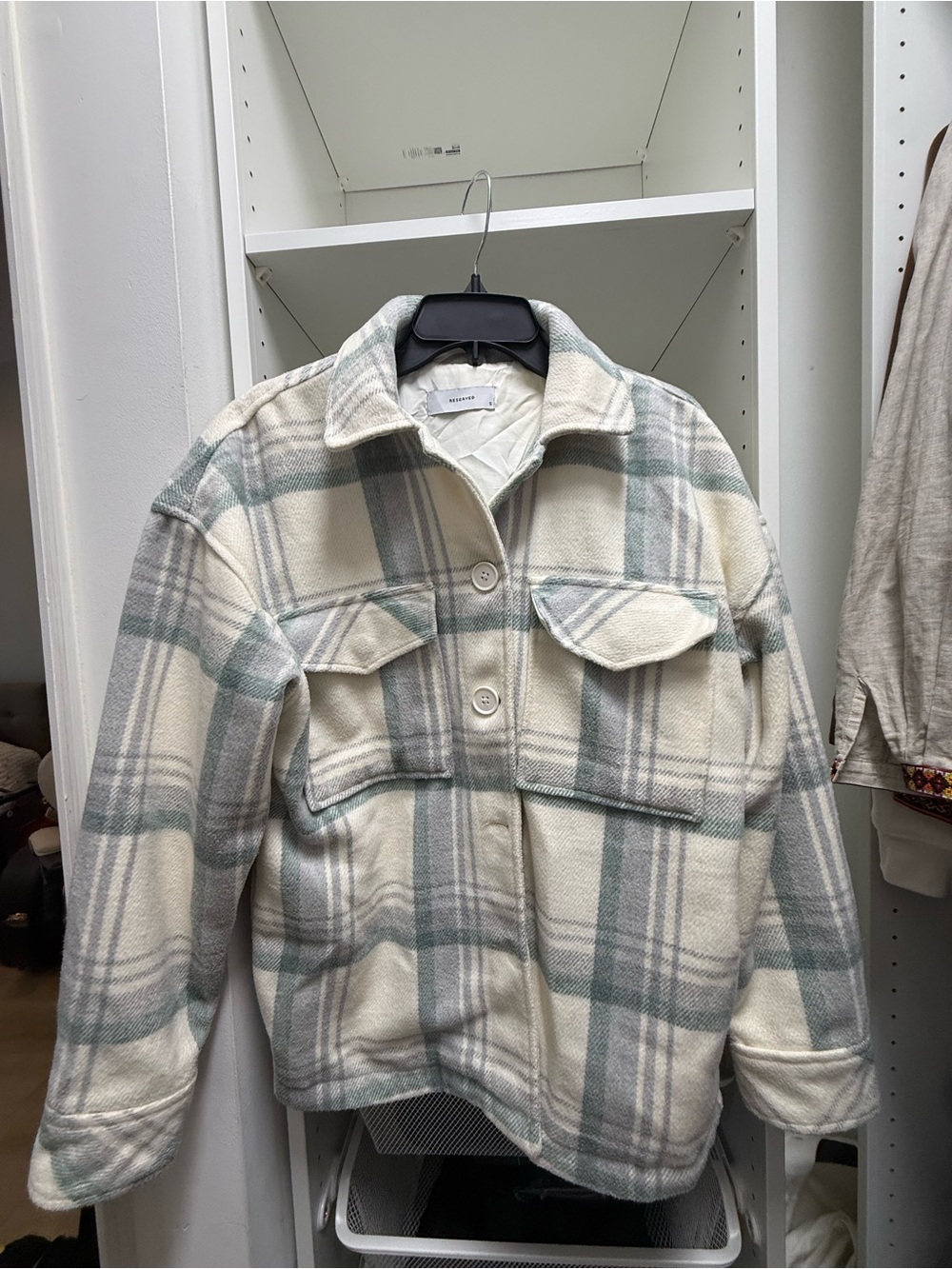 Reserved Cream & Sage Plaid Bomber Shacket